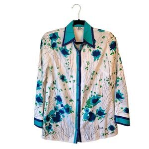 Vintage Vera White Blue Floral Scarf Button Down Shirt Size 10